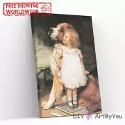 Paint By Numbers Kit Girl Dog Animal Home Art Painting DIY Oil Kids Draw Framed