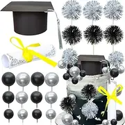 [Gyufise] 42Pcs 2025 Graduation Cake Kit Diploma Grad Cap Cake Pick Balloon Tassel Firework Cupcake Toppers Prom 2025 Cake Decorations for Class of 2025 Congrats Grad Party Supplies Black Silver