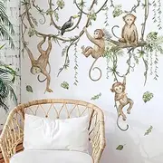 3D Cartoon Monkeys Climbing Tree Vines Wall Stickers - Removable Watercolor Style Peel & Stick Wall Decals with Green Leaves & Branches for Kids Nursery, Bedroom, Classroom Decor - DIY Animal Wall Art