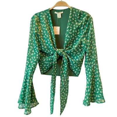 Urban Outfitters Floral Cropped Top Women M Green Tie-Front Bell-Sleeve Coquette