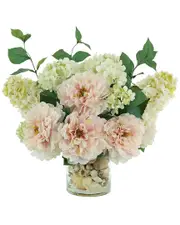 Creative Displays Pink Peony And Cone Hydrangeas In A Seashell Filled Vase