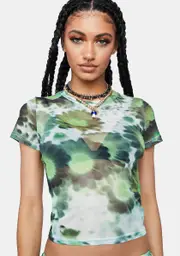[Dolls Kill] Xray Blurred Daisy Green Mesh Nilan Crop Top