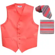 New Men's coral formal Tuxedo vest waistcoat_ poly woven necktie set wedding