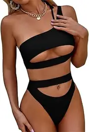 [Lilosy] Cutout One Shoulder High Waisted Cut Leg Thong Brazilian Bikini Swimsuit Set Women Cheeky Bottom Bathing Suit 2 Two Piece Knotted Black X-Large, Black