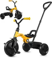 Qplay Kids Push Tricycles for Toddlers Age 1-6 Years Old, One Button Folding Trike for Boys and Girls, Kids' Balance Bike with Backrest and Safety Belt, Perfect for Birthday Gift & Toys, Orange Yellow