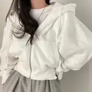 Plain Zip-Up Crop Hoodie White - One Size