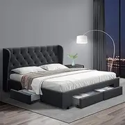 [Artiss] Queen Bed Frame Platform Wingback Headboard Frames Beds Base with 4 Storage Drawers Bedroom Room Decor Home Furniture, Upholstered with Charcoal Faux Linen Fabric + Foam + Wood
