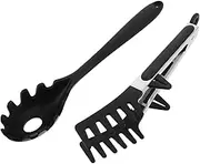 MAGICLULU 1 Set Spaghetti Spoon and Pasta Tong Non-Stick Silicone Heat Resistant Cooking Utensils Serving Noodles Pasta Food Salad Black
