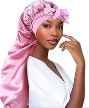 Adorila Extra Long Satin Bonnet for Women, Adjustable Braid Bonnet with Tie Band, Double Layer Elastic Silk Bonnet for Braids Hair Sleeping Cap (Pink)