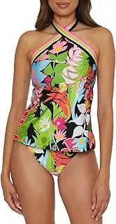 [Trina Turk] Women's Standard Tiki High Neck Tankini, Floral Print, Adjustable, Tie Back, Swimsuit Tops