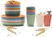 Leuik 18pcs Wheat Straw Dinnerware Set for 6, Colorful Lightweight Plates Bowls Cups, Unbreakable Reusable Plates, Microwave Dishwasher Safe, Perfect for Camping, Picnic, Outdoor Barbecue (1 Pack)