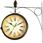 Double Sided Wall Clock Indoor & Outdoor Garden Train Station Clock Two Faces Vintage Wall Mounted Clock with Outside Bracket