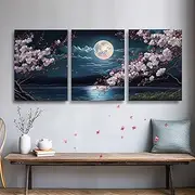[YokiMino] Cherry Blossom Moon Lake Landscape Framed Canvas Wall Art Set of 3 - Japanese Aesthetics Floral Art Print for Living Room, Bedroom, Kitchen and Office Decor