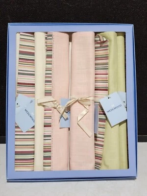 SET OF 6- NEW WEDGWOOD STRIPED LINEN PASTEL GREEN PINK CREAM PLACEMATS IN BOX