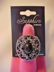 Costume Jewelry Ring Black Stones By Sapphire Silver Tone Stretchable Band New