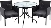 Gardeon 3pcs Wicker Patio Furniture, Bistro Set Table and Chairs Outdoor Lounge Setting Conversation Sets Dining Chair Garden Backyard, Cushion with Rattan Coffee Table Glass Tabletop Black Ezra