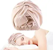 Silk Hair Wrap for Sleeping Silk Bonnet Night Sleep Cap for Curly Hair Double Layer Soft Silky Head Scarf Shower Caps for Women Hair Beauty Satin Bonnet With Adjustable Elastic Washing Makeup (Shallow Khaki)