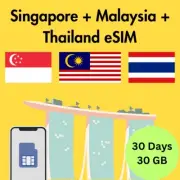 Singapore, Malaysia & Thailand Prepaid Travel eSIM Card 30GB Data 4G Lte 30 Days