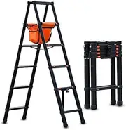 Black Telescopic Ladder with Hooks/Wheel, Retractable Aluminium Extension Ladders with Wide Rung, for Loft Building Maintenance (Size : 1.4m+1.4m)