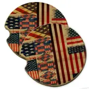 American Flag USA Stripes Wood Car Coaster Gift Set fit Car & Truck Cup Holder