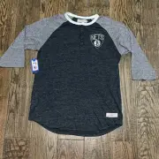 NWT Brooklyn Nets Mens Mitchell & Ness 3/4 Sleeve Henley Shirt Size XL