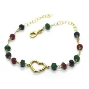 Ankle Bracelet Yellow Gold, 18K, With Emerald, Ruby And Sapphire Faceted Heart