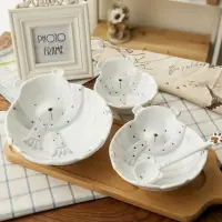 在飛比找樂天市場購物網優惠-景德鎮手繪釉下彩浮雕北極熊創意可愛兒童陶瓷碗盤勺動物套裝餐具
