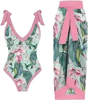 [IMEKIS] Women 2 Pieces Beach Swimsuit Floral Print Tropical Bikini Swimsuit with Cover up Wrap Skirt Bathing Suits