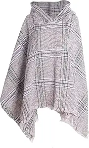 [TOSHIKII] Women's Vintage Plaid Hood Poncho Ladies Checked Cape Shawl with Tassels Plaid Cloak Cape, 14, Medium
