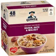 Quaker Instant Oatmeal, Raisin, Date & Walnut, Individual Packets, 48 Count