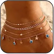 [Aluinn] Gold Anklet Set for Women- Boho Demon Eyes Star bead Anklets Adjustable Cute Ankle Bracelets Waterproof Beach Summer Foot Jewelry for women 4-Piece, normal, Alloy, no gemstone