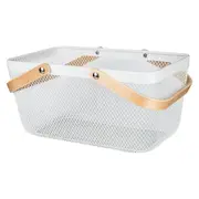 White Large Handy Storage Basket with Wooden Handle (4 Pack)