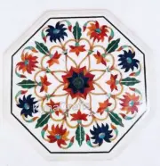 Octagon Marble Coffee Table Top Multicolor Gemstone Inlay Work Corner Table Top