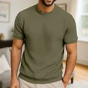 Men's Waffle Knit Tee Tee Top Short Sleeve Crew Neck Summer All Seasons Color Block Textured Fashion Designer Casual Buttons Basic Outdoor Casual Daily Army Gr