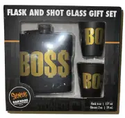 Boss Flask and Shot Glass Gift SET 3 Piece - Black/Gold W/ 2 Shot Glasses NEW