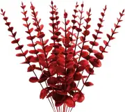 Plastic Eucalyptus Wine Red Stems 12 PCS Fake Faux Decorations with Artificial L