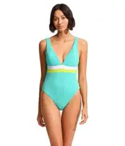 Seafolly L9603 Slice of Splice Deep V-Neck One-Piece Swimsuit Size US 12