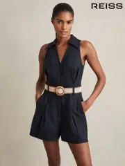 Reiss Navy Anjie Linen Belted Collar Playsuit (AN2411) | $350