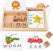 Spelling Games, Wooden Matching Letters Toy with Flash Cards Words, Montessori ABC Alphabet Learning Educational Puzzle Preschool Boys Girls Kids Age 3 4 5 Years Old