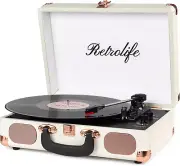 Vinyl Record Player - 3-Speed Bluetooth Portable Belt-Driven Suitcase Turntable