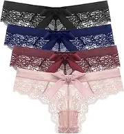 [HEJIGOOD] Women Lace Bow Thongs 4-Pack T Back Low Waist Briefs Ice Silk Breathable Undies Sexy Mesh Hipster for Ladies