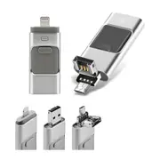Flash Drive USB Memory Stick HD U Disk 3 in 1 for Android IOS iPhone PC - Silver