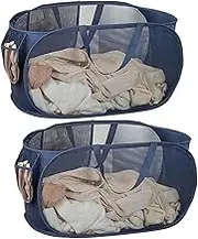 UESJKHOA 2Pack Pop-Up Collapsible Laundry Hamper - Foldable Mesh laundry baskets with Breathable Design,Easy to Store,Keep Clothes Fresh & Odor-Free for Home,Dorm,Travel (Horizontal navy blue basket)
