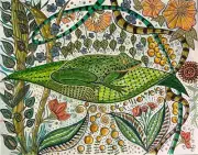 ORIGINAL ART zentangle inspired, FROG on banana tree leaf, 11x14 in, green