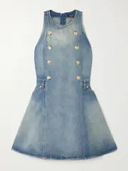 [Balmain] Balmain - Button-embellished Embroidered Denim Mini Dress - Light denim - FR 34 FR 34 Blue