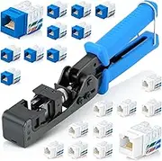 Everest easyJACK - 90° Angled Speed Termination Keystone Tool Set - with 20-Pack of RJ45 Slim Profile Cat6A Keystone Jacks (10 Blue & 10 White) - Time Saver Network Cat6 Punchdown Tool