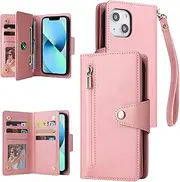 YocoverTech for iPhone 13 mini Case,for iPhone 13 mini Wallet Case[6 Card Slots and 1 Zipper Coin Pocket] PU Leather Stand Flip Cover with Wrist Strap[5.4 inch]-Pink