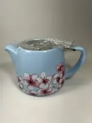 Blue Teapot Cherry Blossom Flowers Ceramic w/ Metal Tea Basket 4"