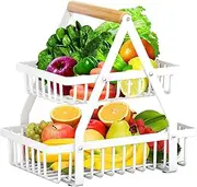 [FayrVind] 2 Tier Fruit Basket Bowl with Handle, Detachable Fruit Veggies Rack Storage Stand Holder Organiser for Kitchen Countertop Bread Snacks Veggies Produce (White)