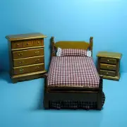 Dollhouse Miniature Maroon Checkered Twin Bedroom Set w/ 3 Pieces T0507